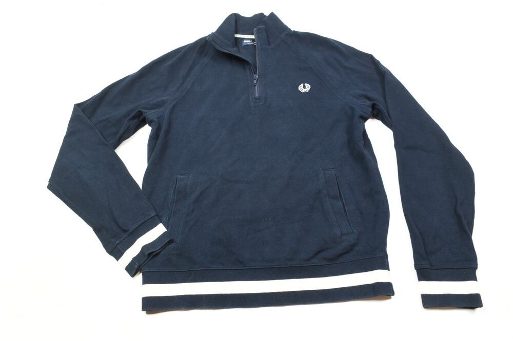 Fredy Perry 1/4 Zip Pullover Sweater Mens Small Blue Long Sleeve Cotton Knit